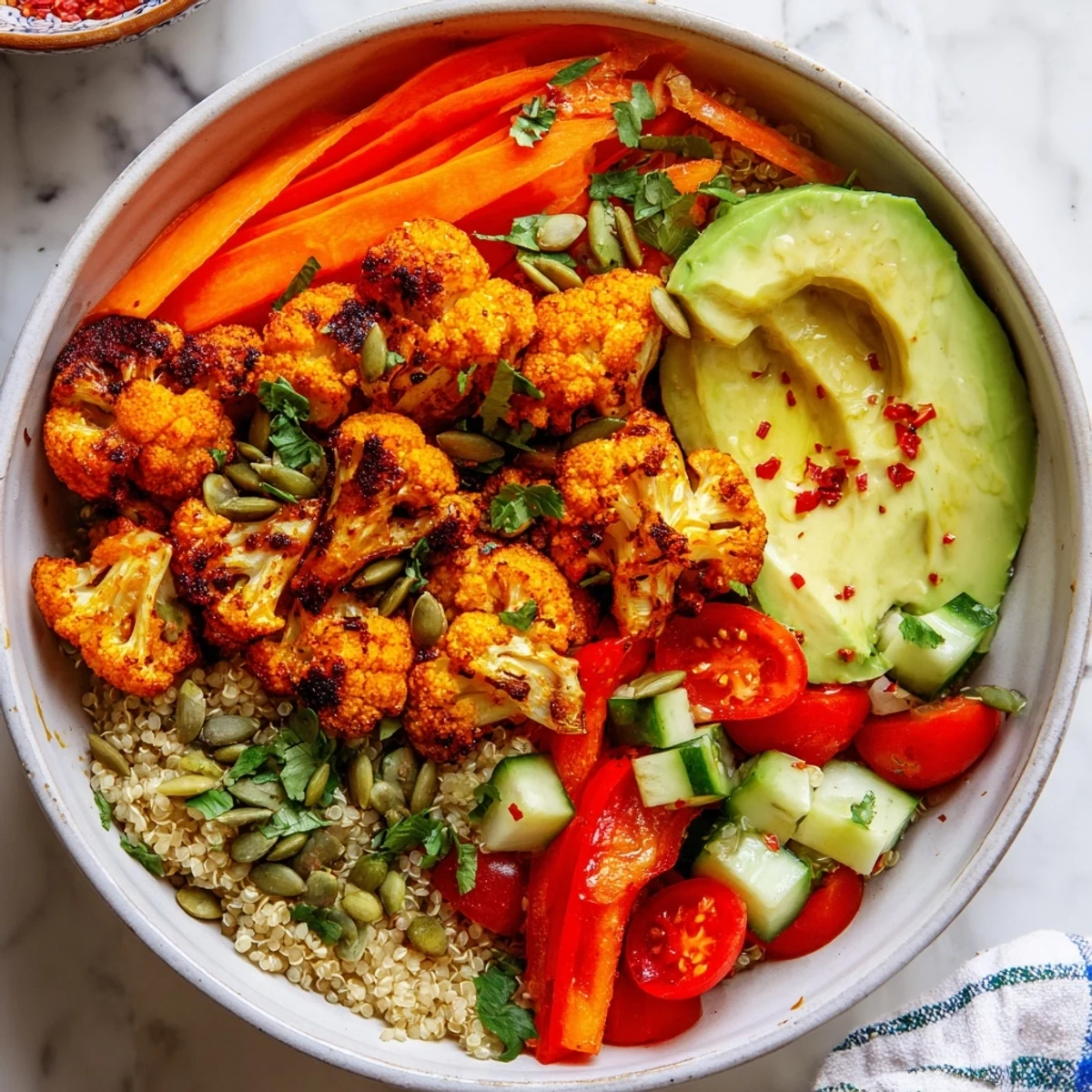 Zesty spicy chili lime roasted cauliflower veggie bowl drizzled with dressing and toasted pumpkin seeds