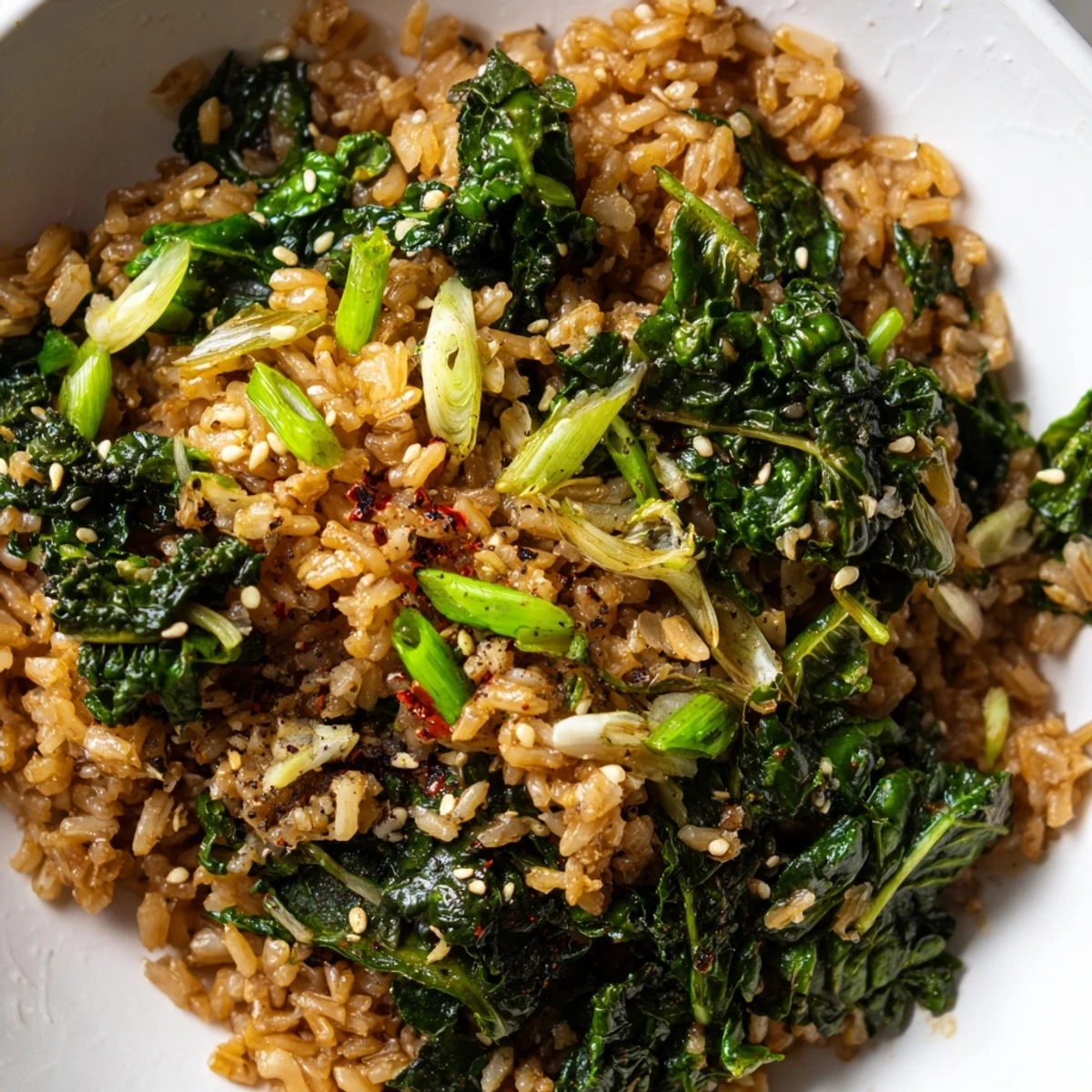 Garlic sesame brown rice tossed with tender sautéed greens and toasted sesame seeds