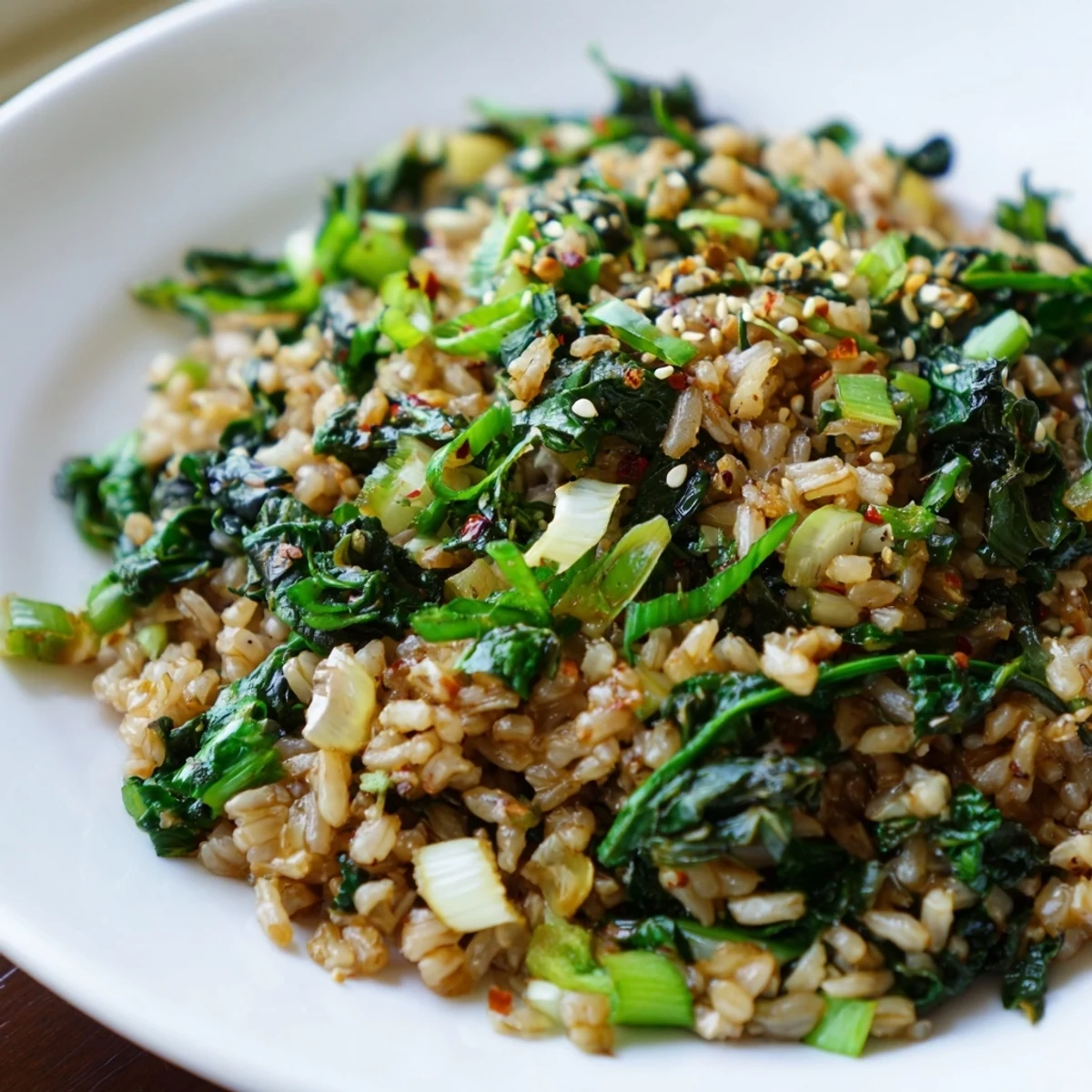 Nutty brown rice studded with vibrant greens, drizzled with savory garlic sesame sauce