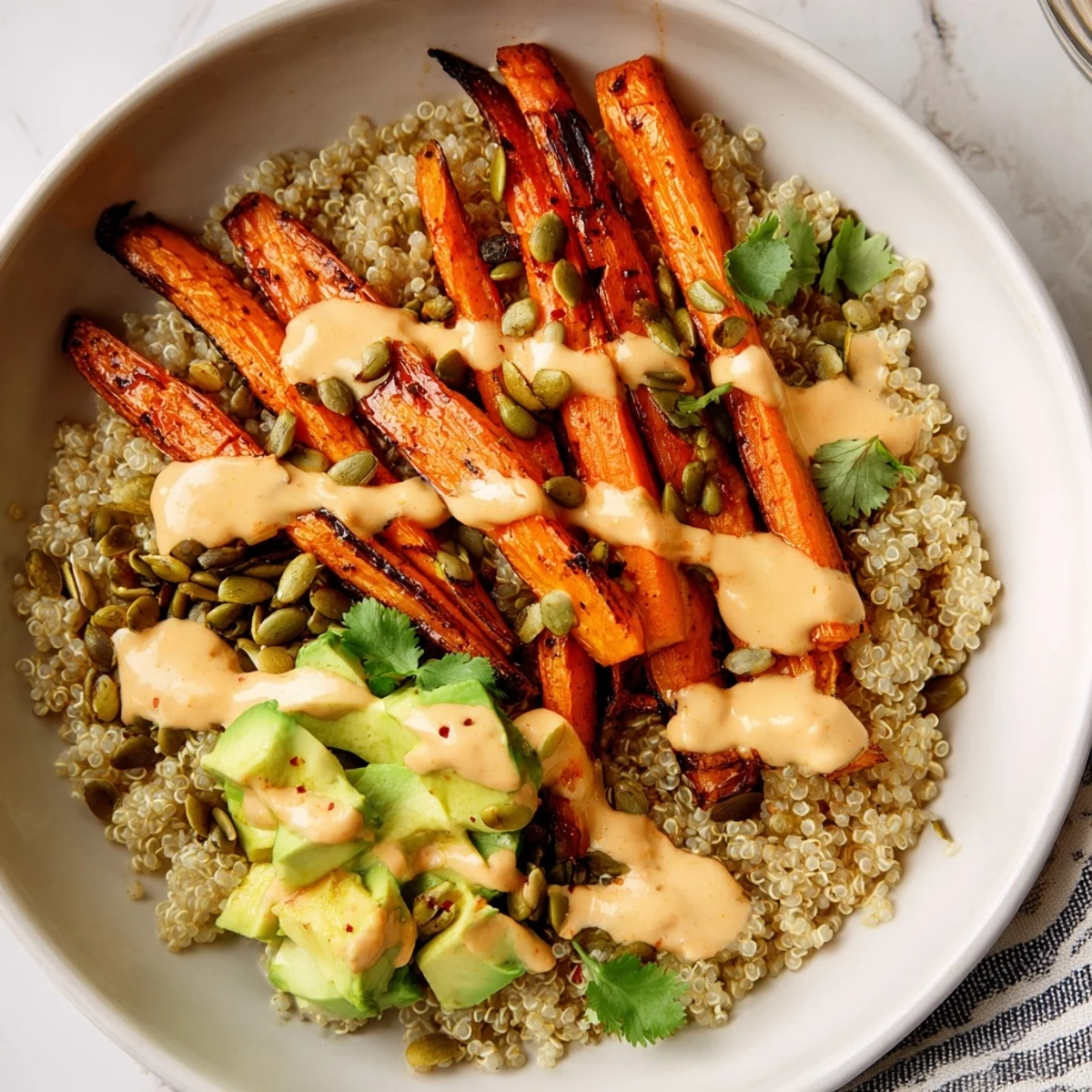 Golden roasted carrots top a quinoa grain bowl drizzled with creamy citrus tahini dressing