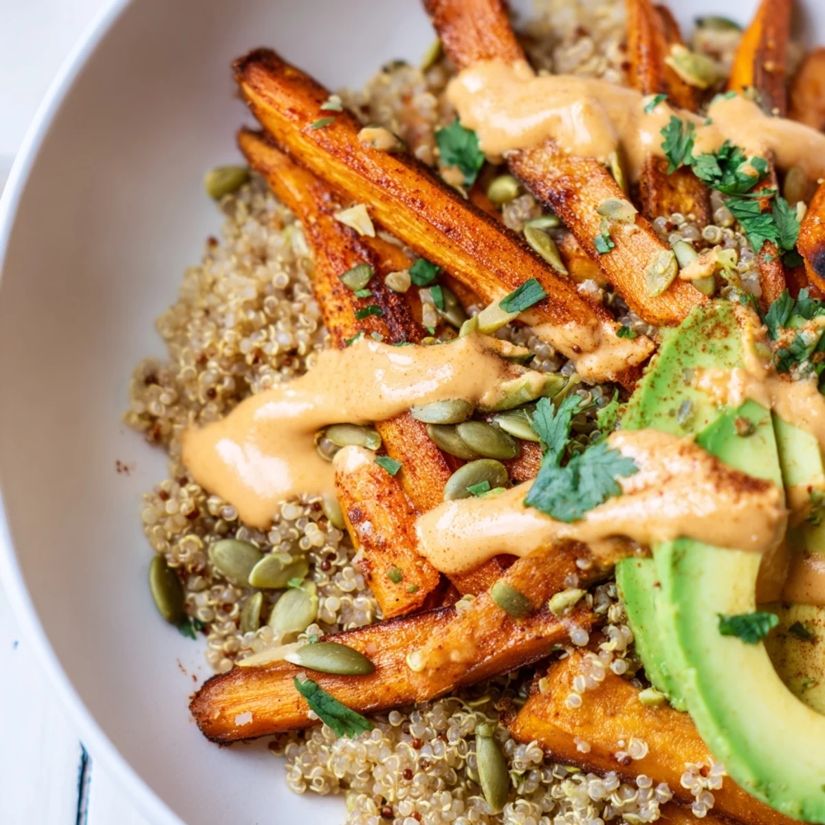 Fluffy quinoa layered with caramelized ginger carrots and sliced avocado in nourishing grain bowl