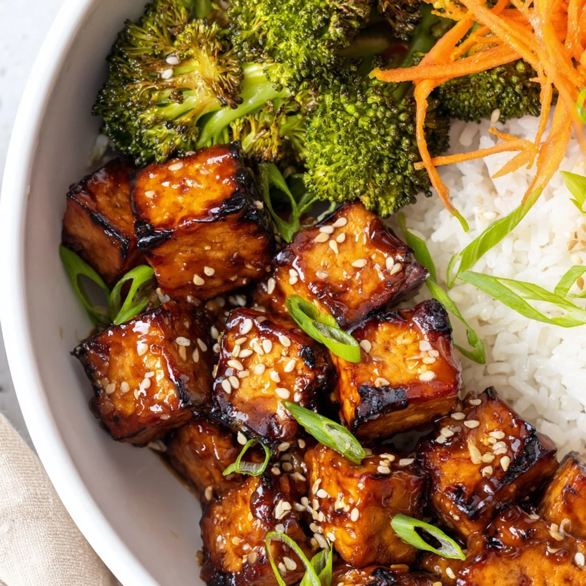 Caramelized sticky miso maple tempeh glazed to perfection atop fluffy rice with charred broccoli