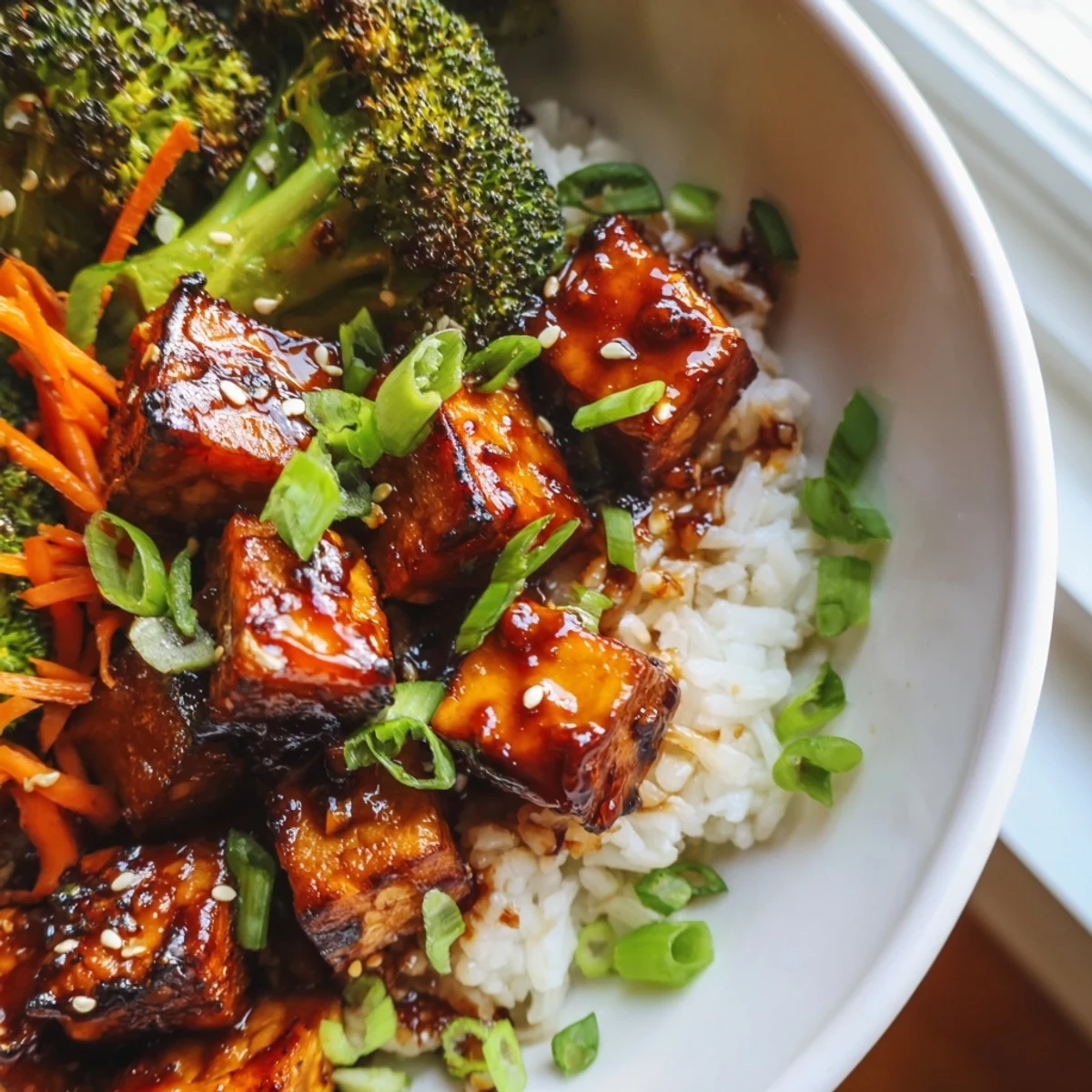 Vibrant vegan bowl featuring sticky miso maple tempeh with crispy roasted broccoli and fresh garnishes