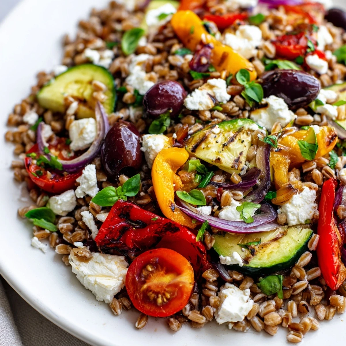 Colorful Mediterranean farro grain bowl with roasted red peppers and fresh basil served in a white dish