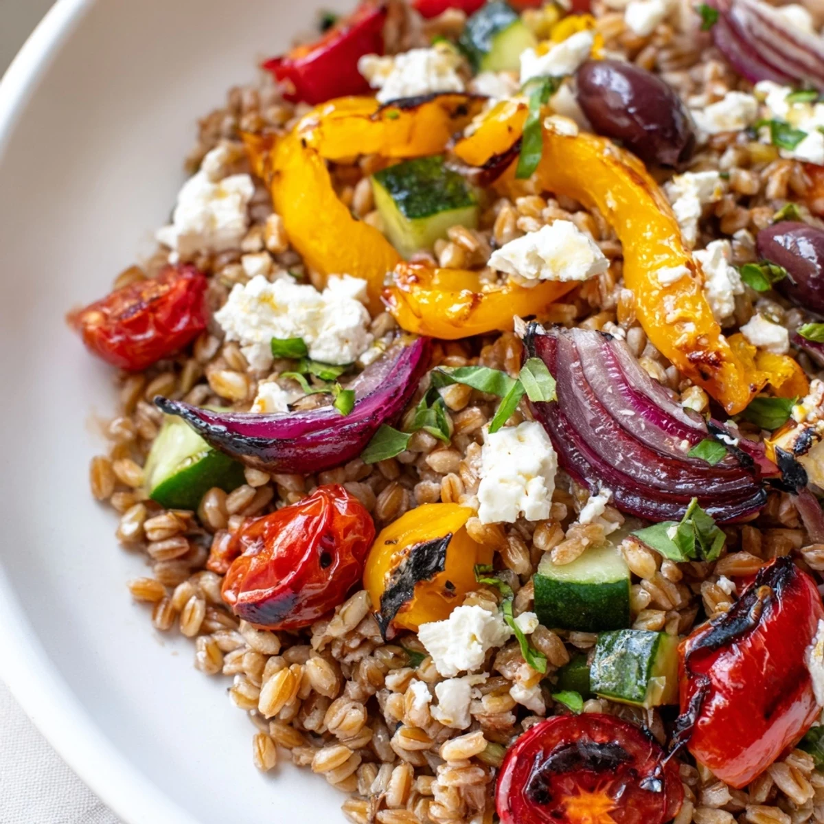 Nutty farro grain bowl topped with sweet roasted peppers, creamy feta, and fragrant torn basil leaves
