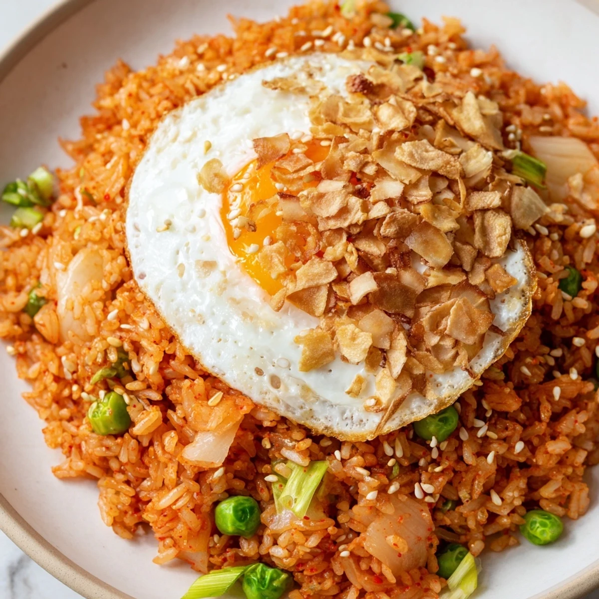 Golden crispy garlic crowns spicy kimchi scallion fried rice in a cast iron skillet