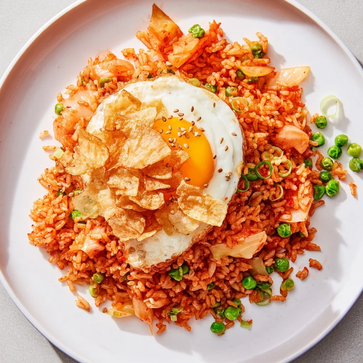 Steaming bowl of kimchi scallion fried rice topped with crunchy fried garlic bits