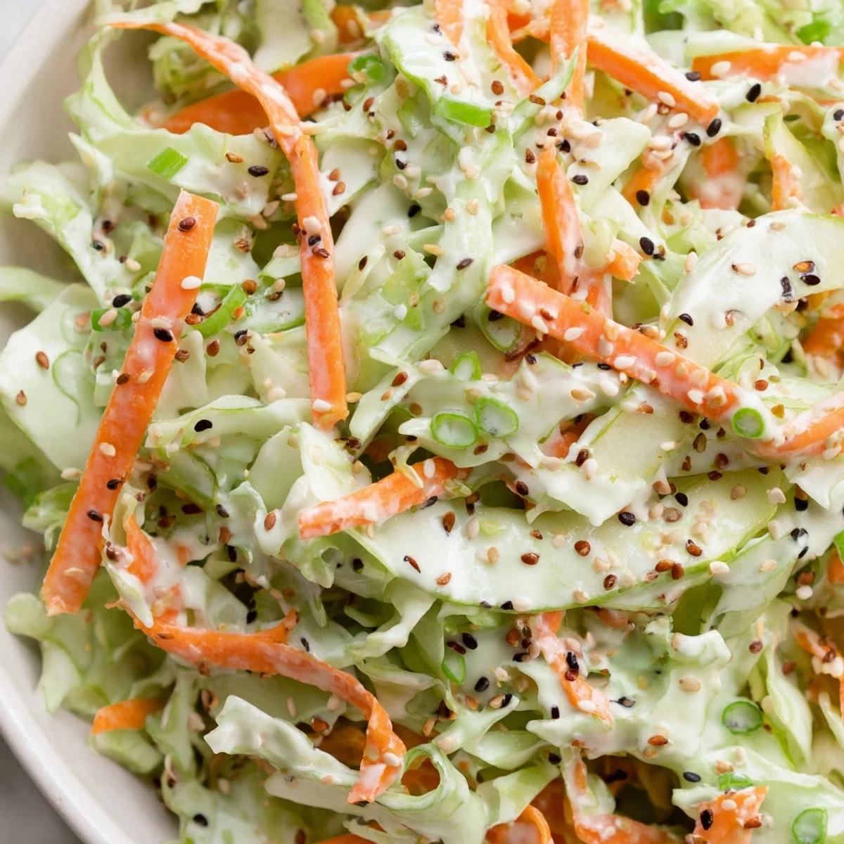 Shaved cabbage apple carrot salad glistening with creamy sesame dressing in a rustic bowl