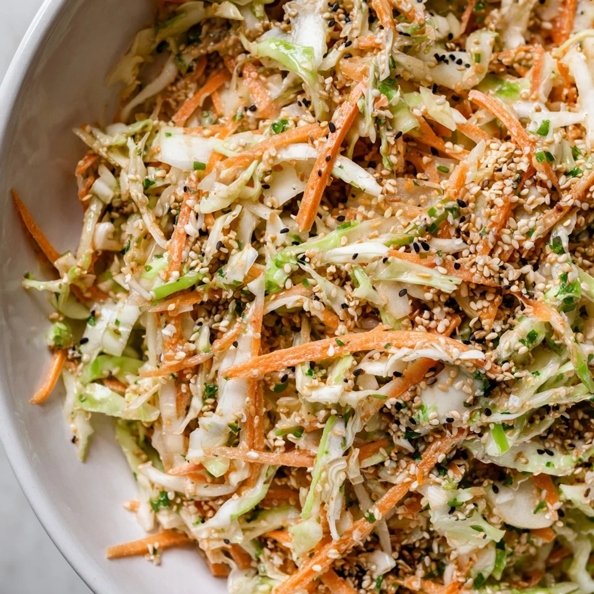 Colorful shaved cabbage apple carrot salad topped with sesame seeds and chopped peanuts
