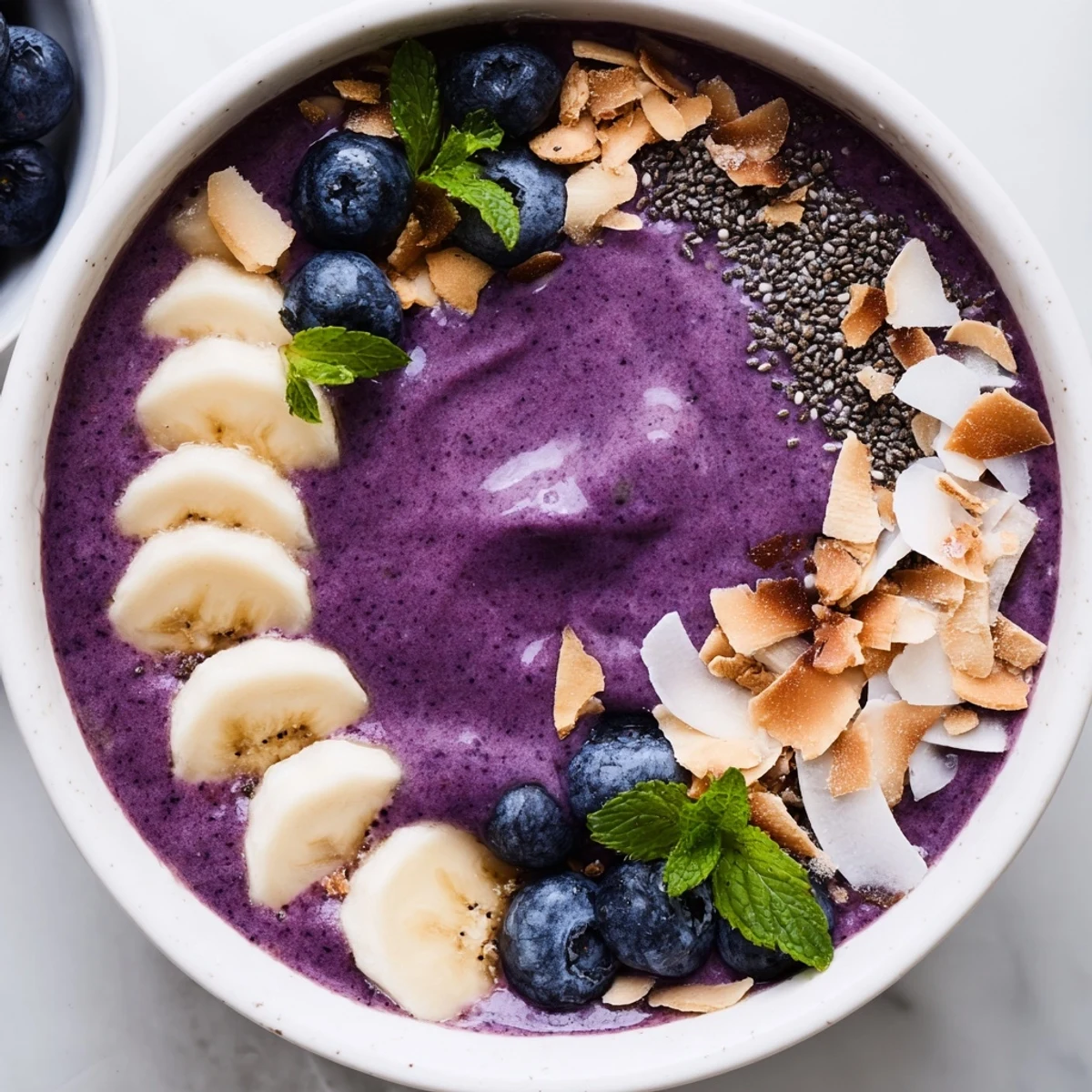 Creamy blueberry coconut chia smoothie bowl garnished with banana slices and golden toasted coconut