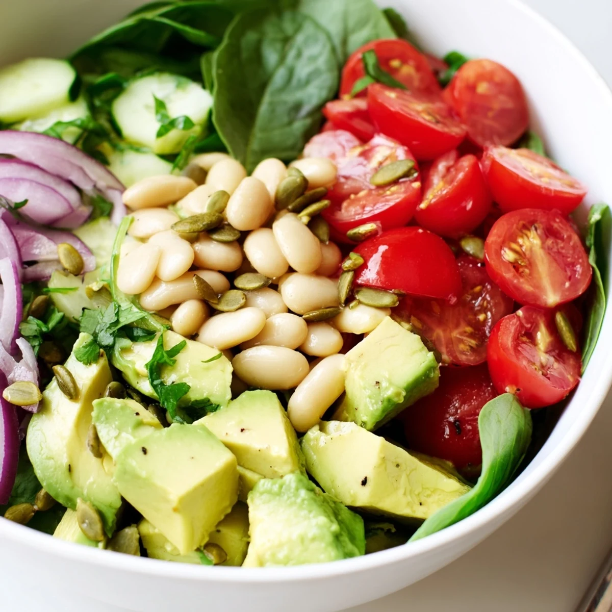 Creamy avocado spinach white bean salad bowl topped with vibrant cherry tomatoes and zesty lemon dressing