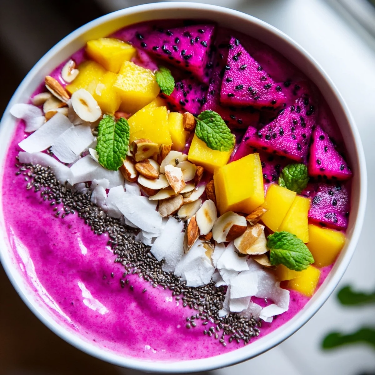 Vibrant pink dragon fruit mango coconut smoothie bowl topped with crunchy almonds and tropical fruit garnishes