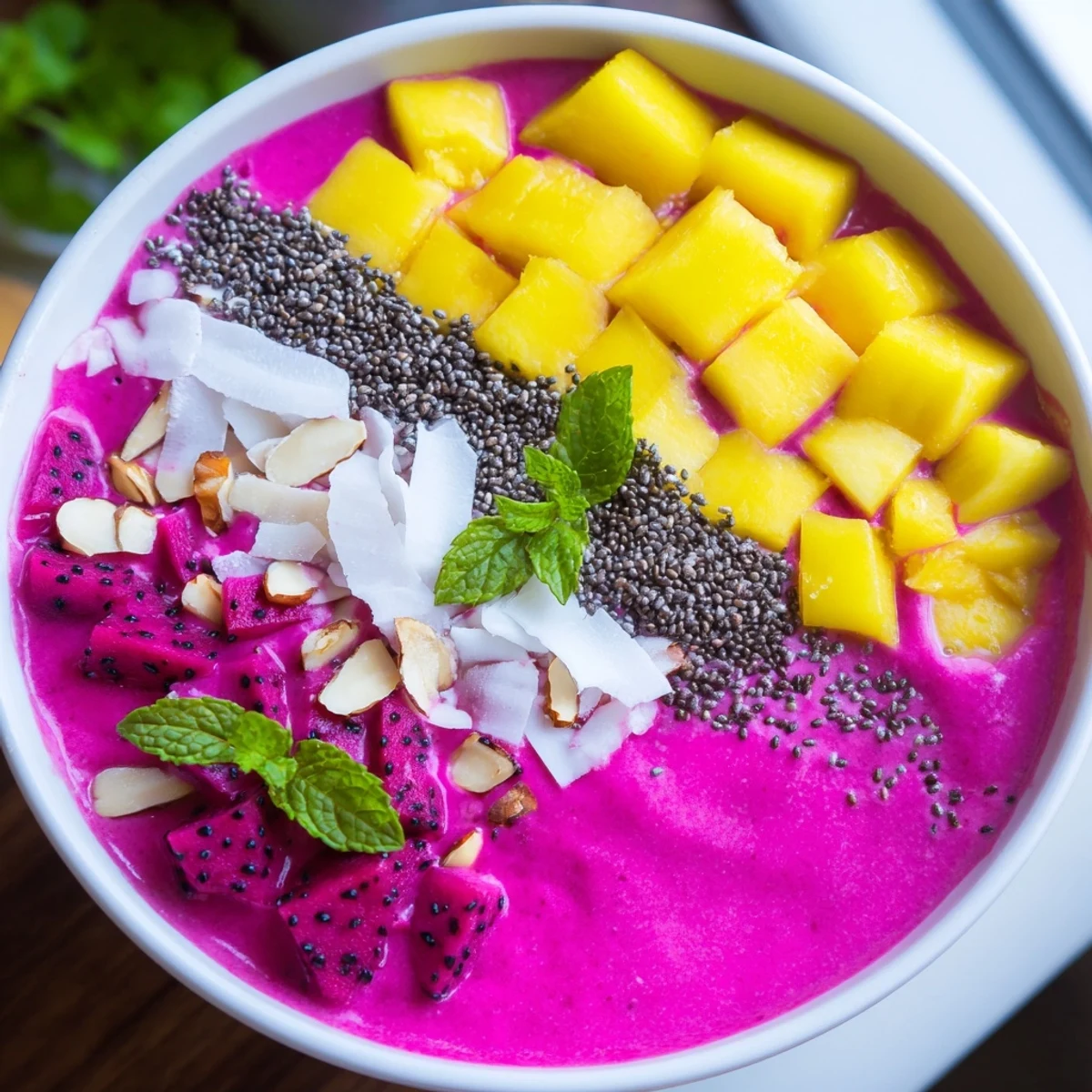 Creamy dragon fruit mango coconut smoothie bowl served in a white ceramic dish with fresh toppings