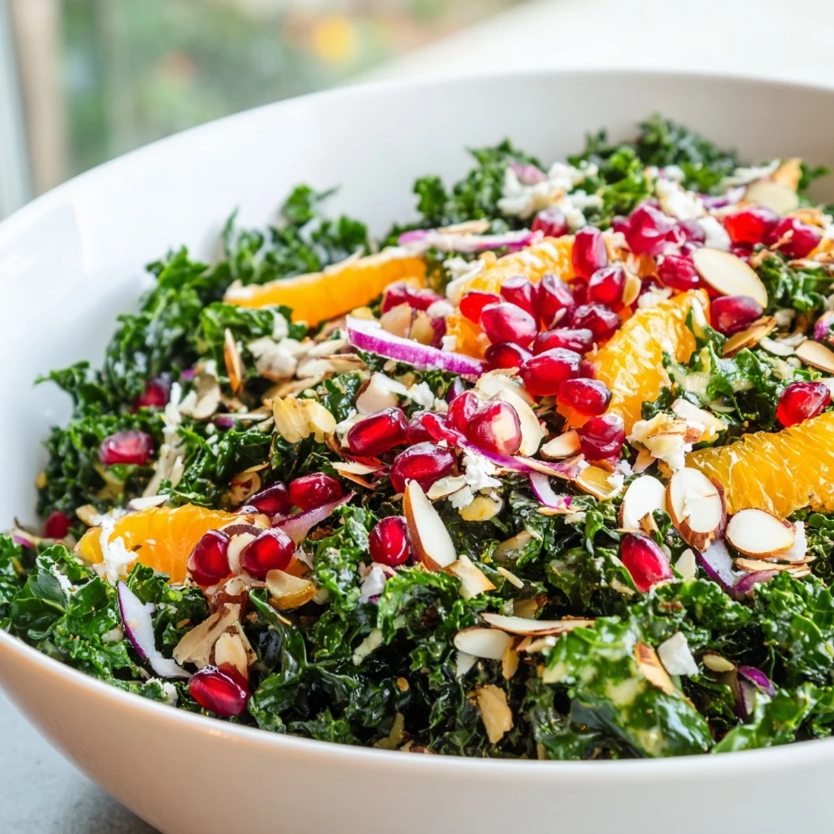 Bright shaved kale orange almond salad glistening with citrus dressing in a wooden bowl