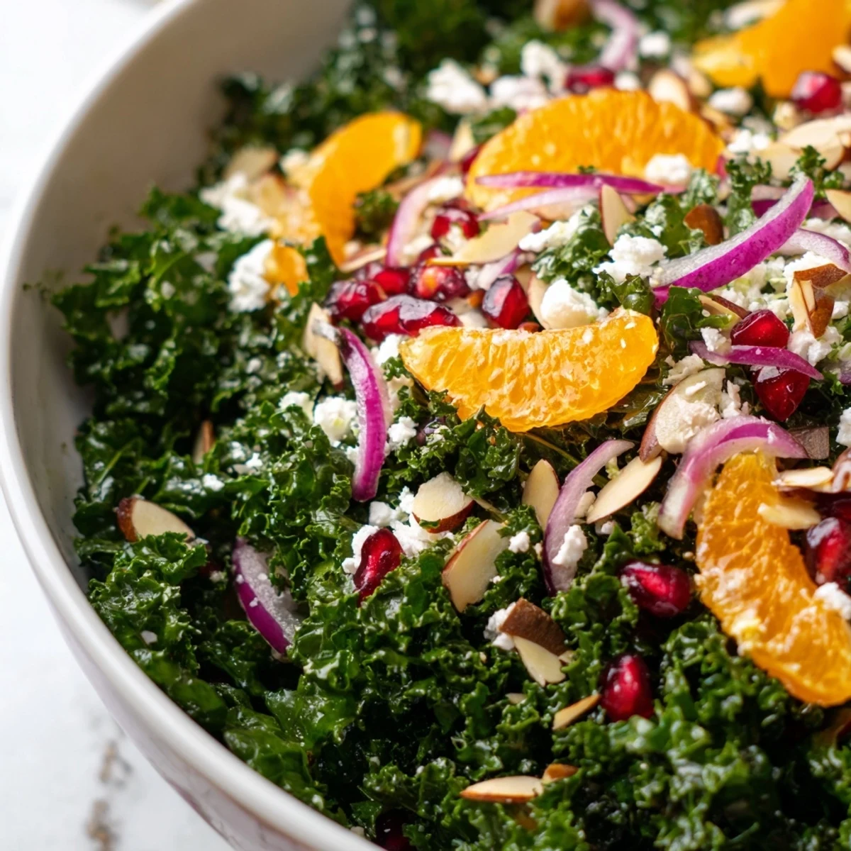 Tender massaged kale topped with juicy orange segments and crunchy almonds, lightly coated in dressing