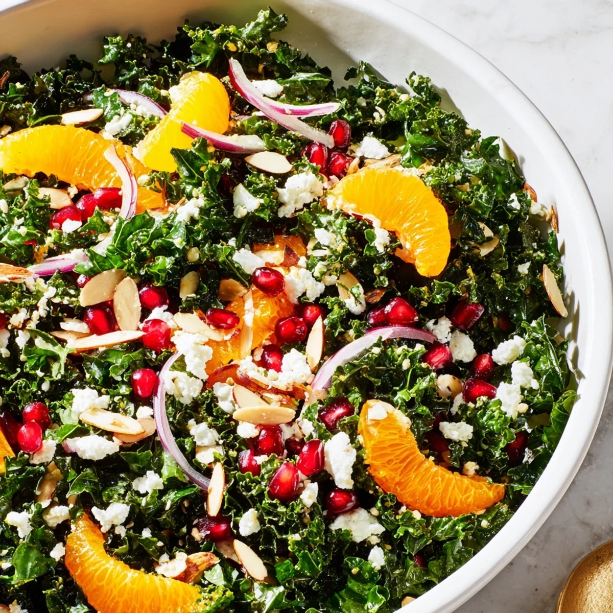 Colorful kale orange almond salad with toasted nuts and pomegranate seeds drizzled with citrus vinaigrette
