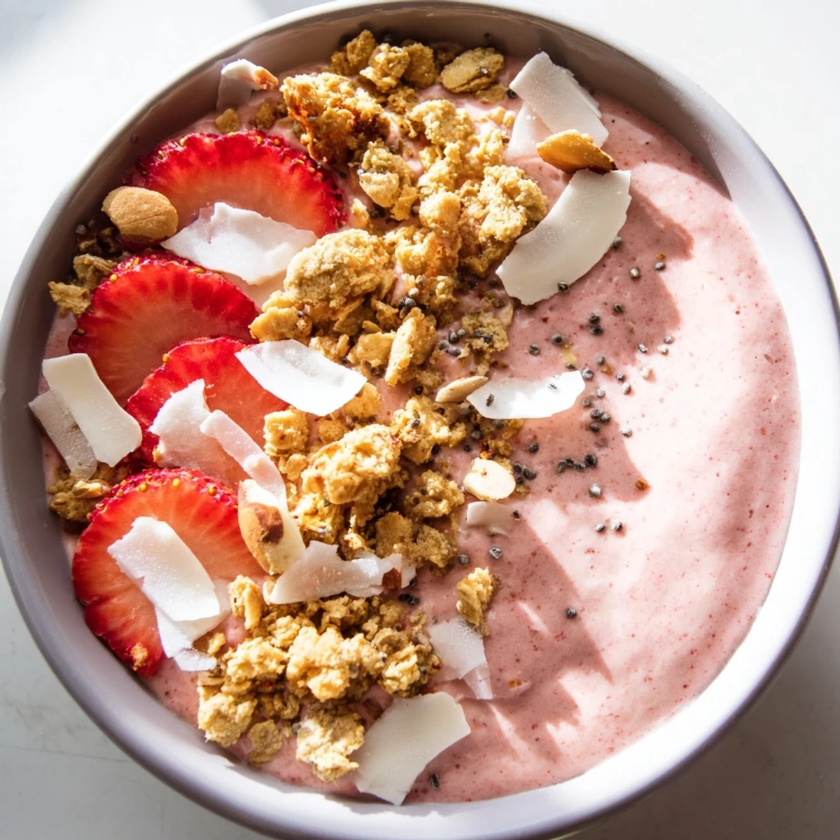Creamy strawberry coconut almond smoothie bowl topped with crunchy granola and fresh berries