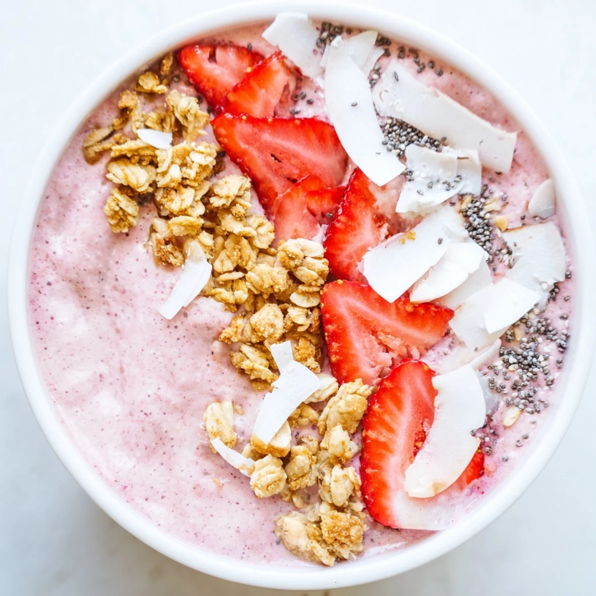 Thick pink smoothie bowl loaded with strawberry coconut almond flavors and toasted toppings