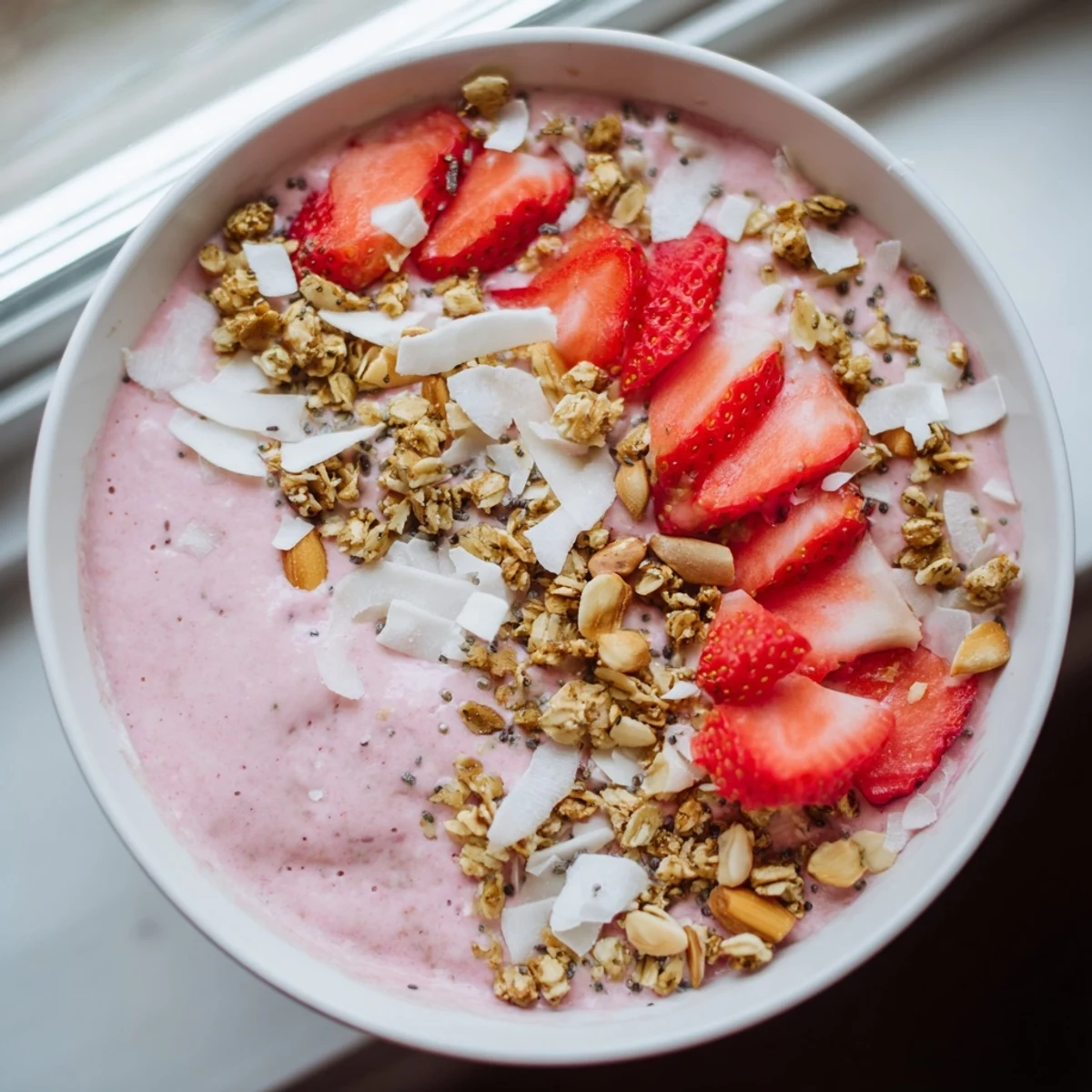 Vibrant strawberry coconut almond smoothie bowl crowned with sliced almonds coconut flakes and granola