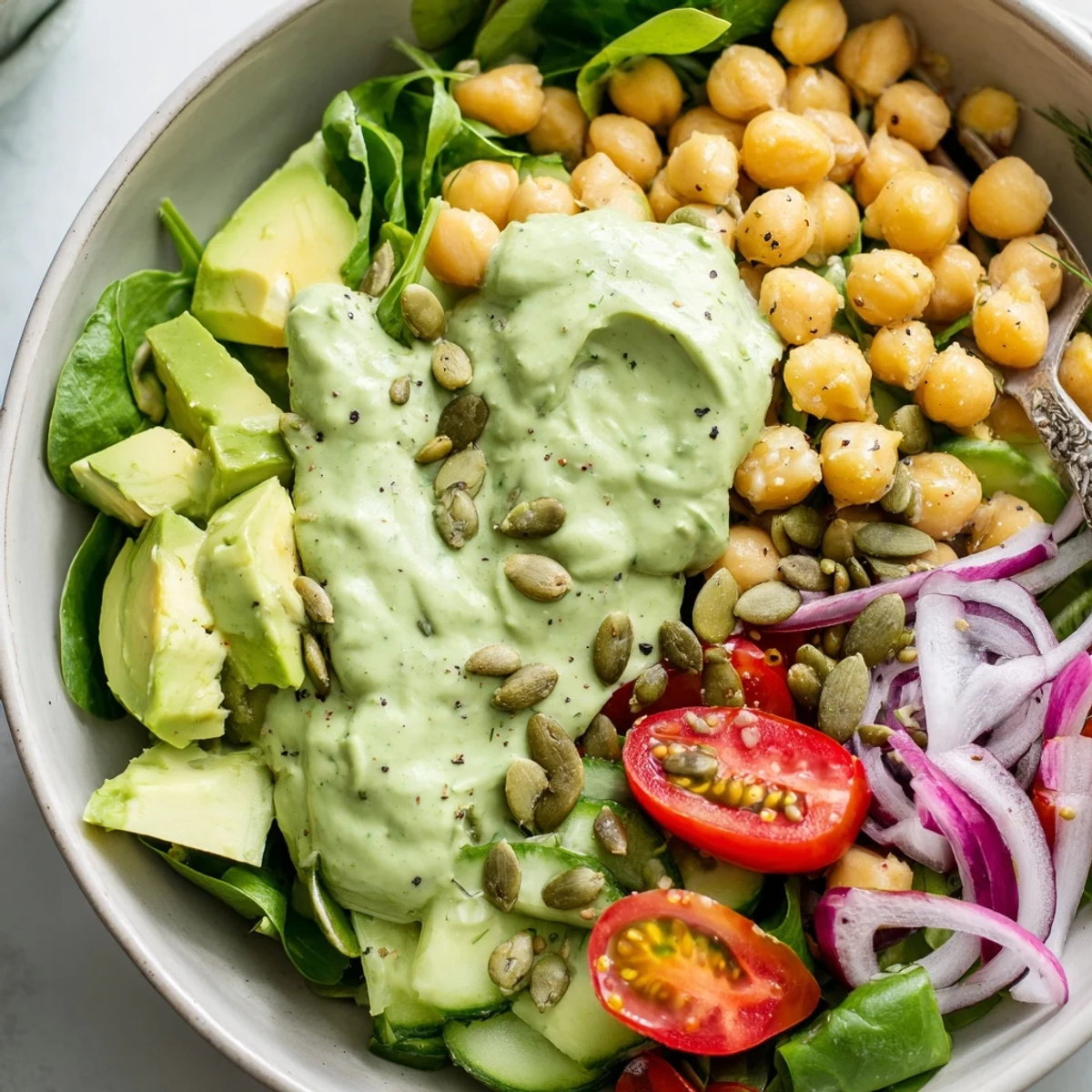 Creamy avocado dill chickpea salad bowl topped with crisp cucumber slices and fresh herbs
