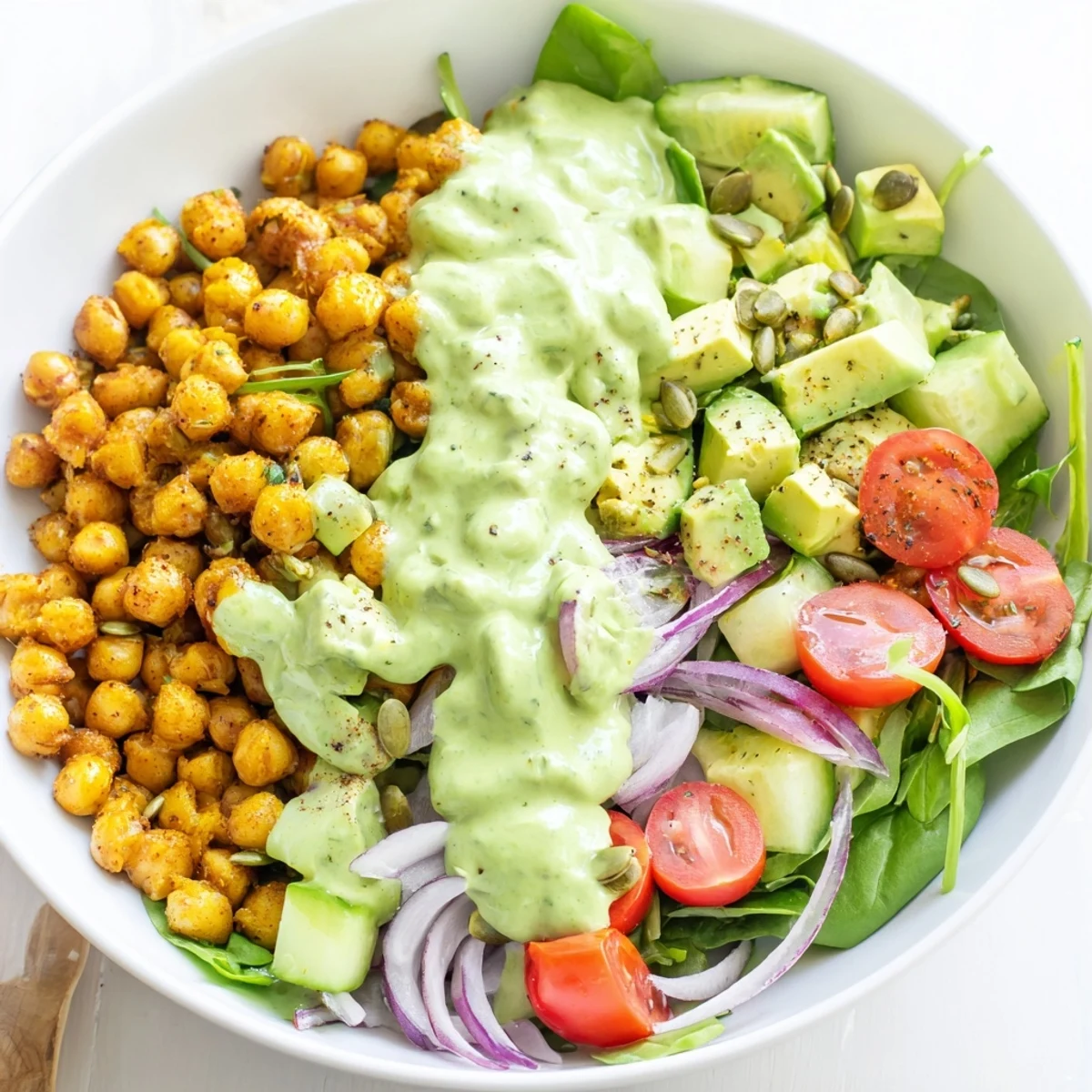Golden chickpeas tossed with creamy avocado dill dressing in a vibrant green salad bowl