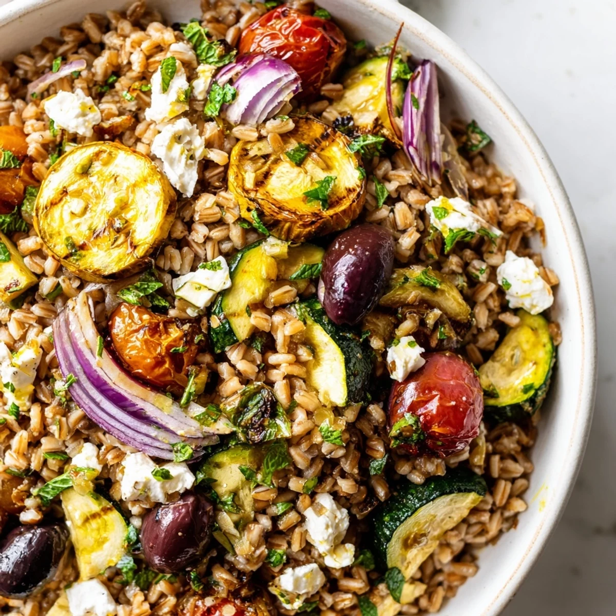 Mediterranean roasted zucchini farro grain bowl topped with crumbled feta and fresh herbs