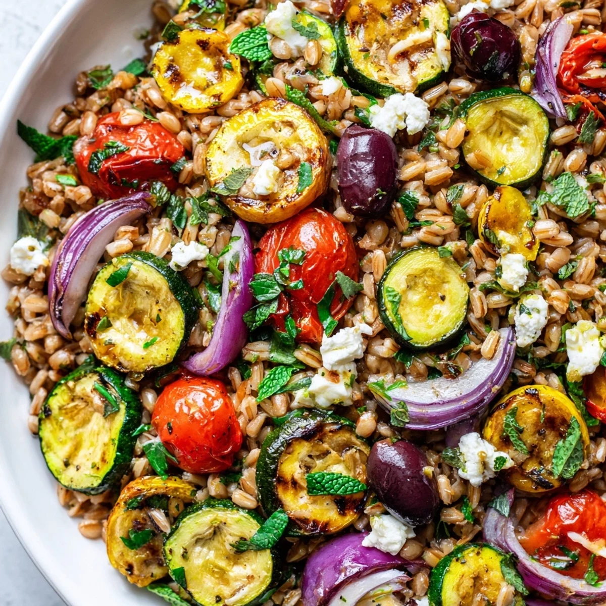 Golden roasted zucchini and blistered tomatoes over a Mediterranean farro grain bowl with feta