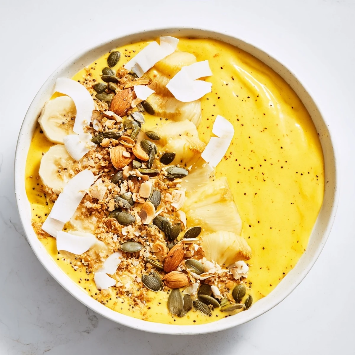 Golden pineapple banana turmeric smoothie bowl topped with crunchy coconut and fresh fruit