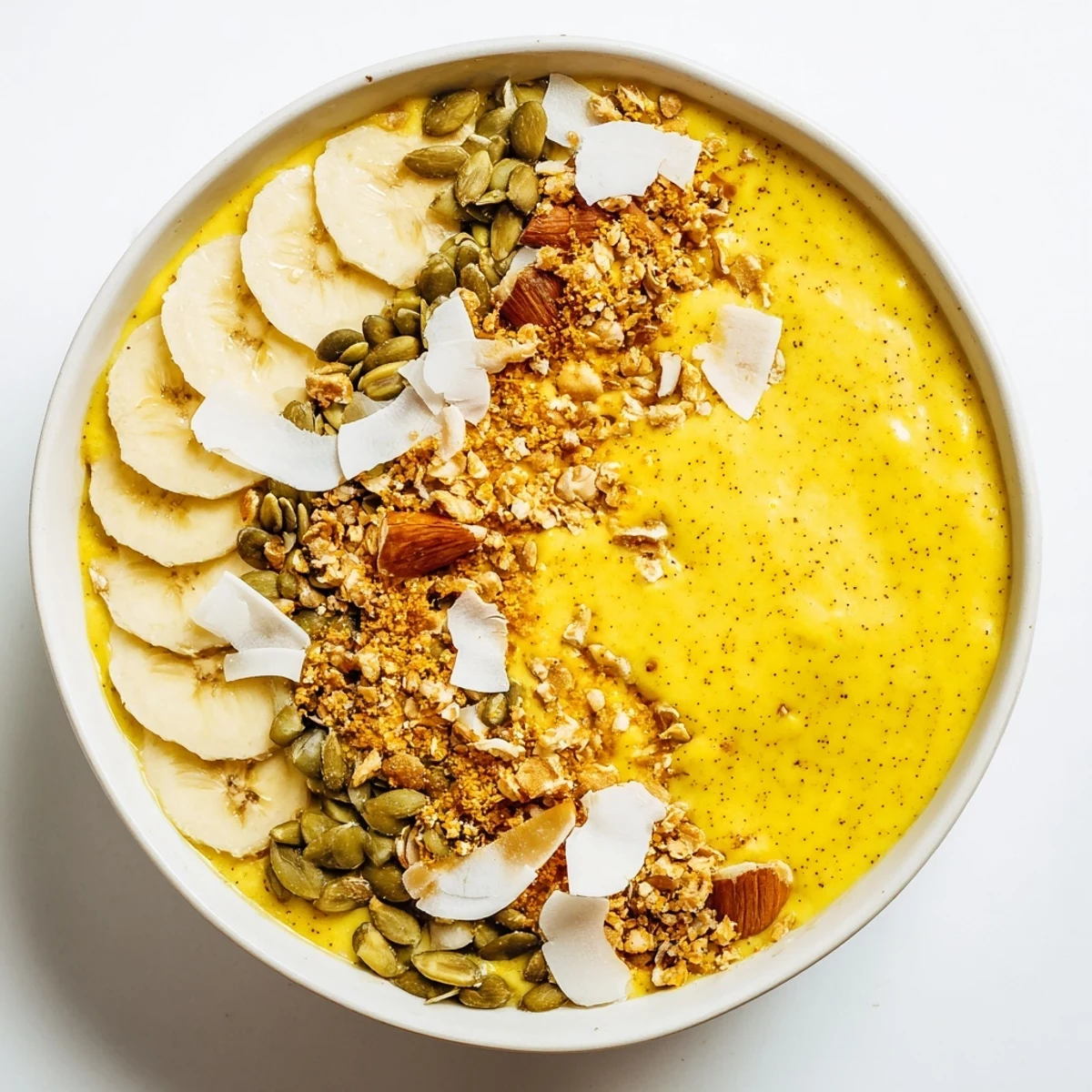 Creamy tropical smoothie bowl blended with banana, pineapple, and turmeric in a coconut-rimmed dish