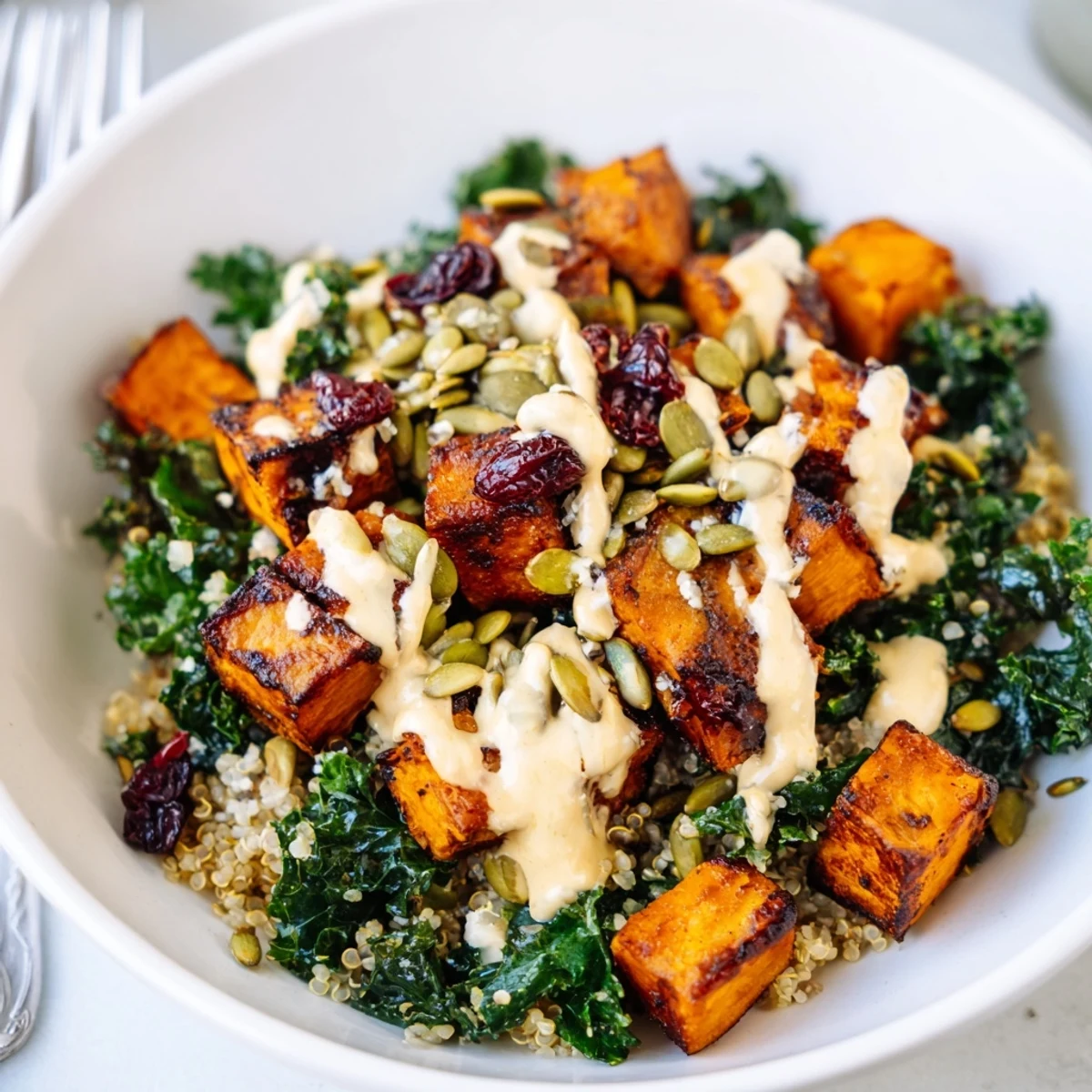 Hearty sweet potato kale quinoa grain bowl drizzled with creamy maple tahini dressing, topped with pumpkin seeds and dried cranberries.