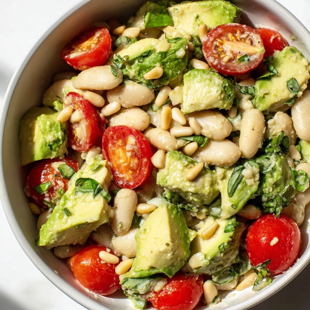 Creamy Avocado Basil White Bean Salad in a rustic bowl with bright cherry tomatoes