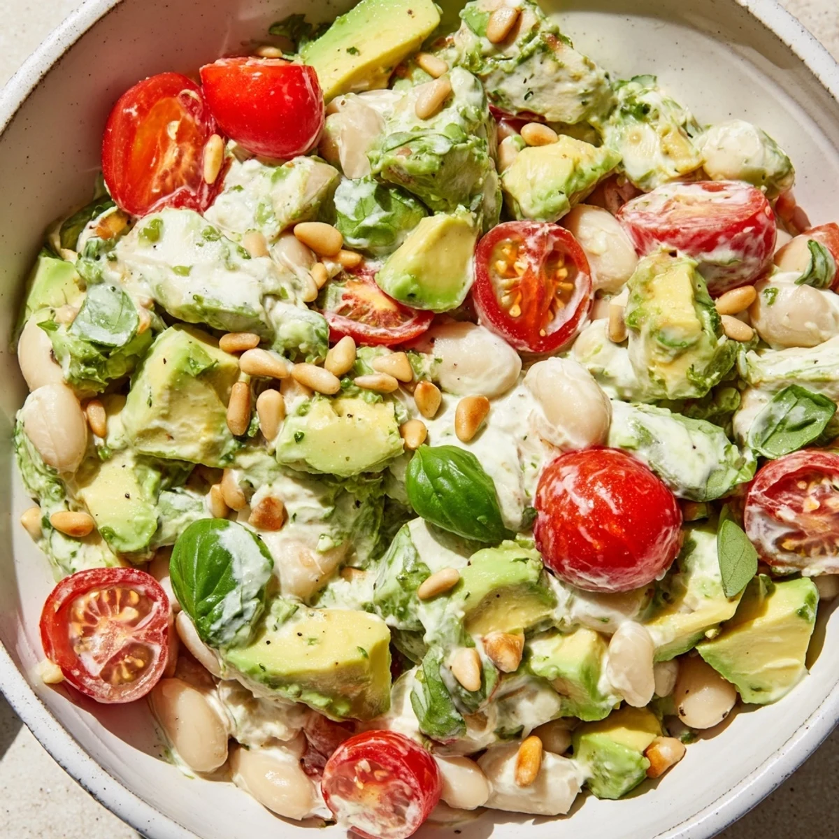 White Bean Salad with creamy avocado chunks, fresh basil, and juicy red tomatoes