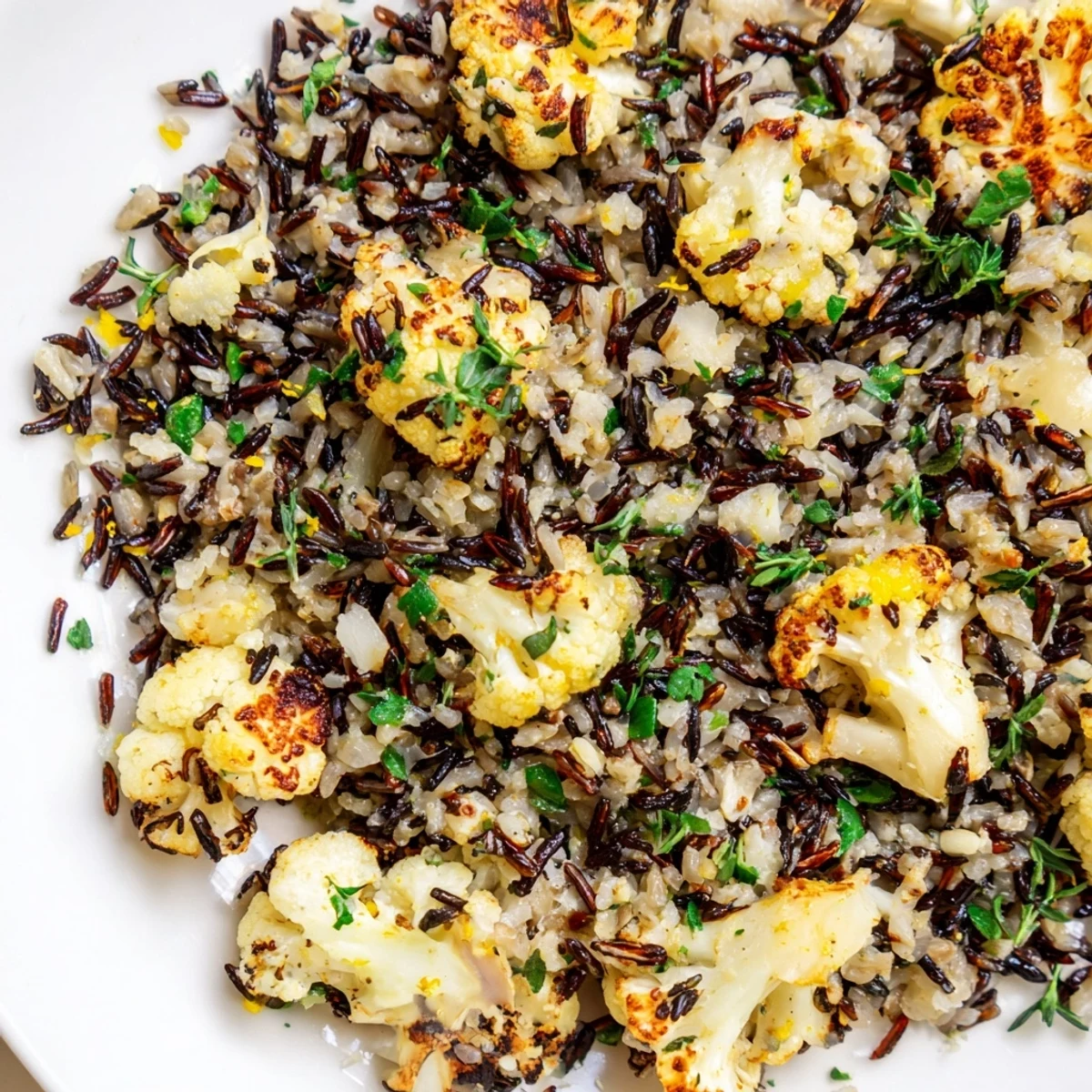 Golden roasted cauliflower and wild rice with fresh herbs in a rustic skillet presentation