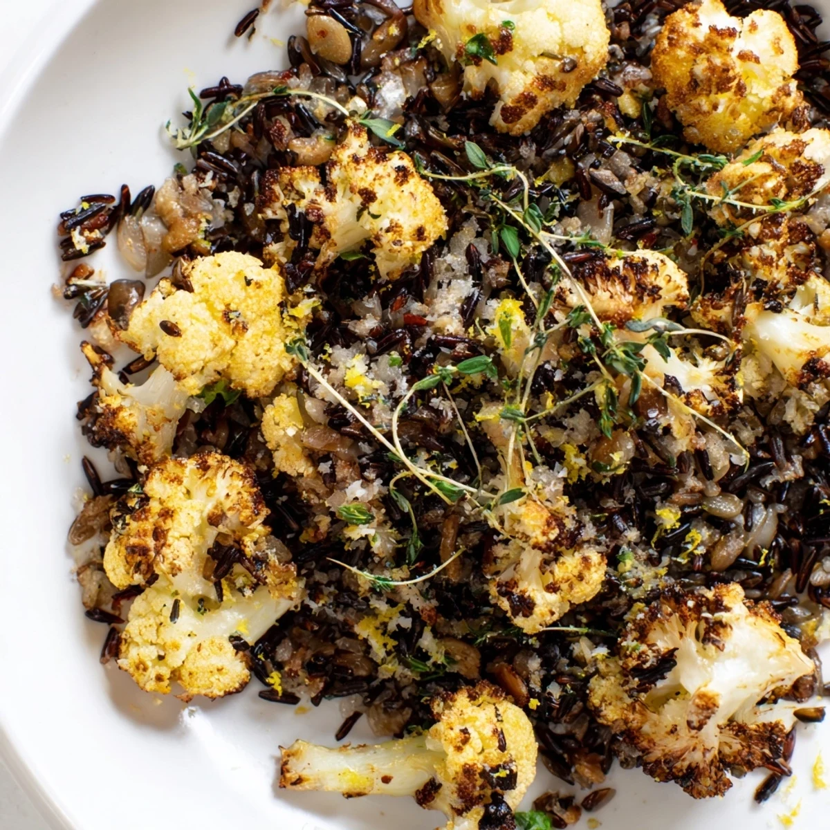 Wild rice dish tossed with garlic butter and tender paprika roasted cauliflower florets