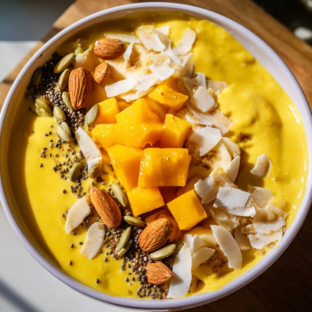 Golden mango coconut pineapple smoothie bowl topped with crunchy chia seeds and fresh tropical fruit