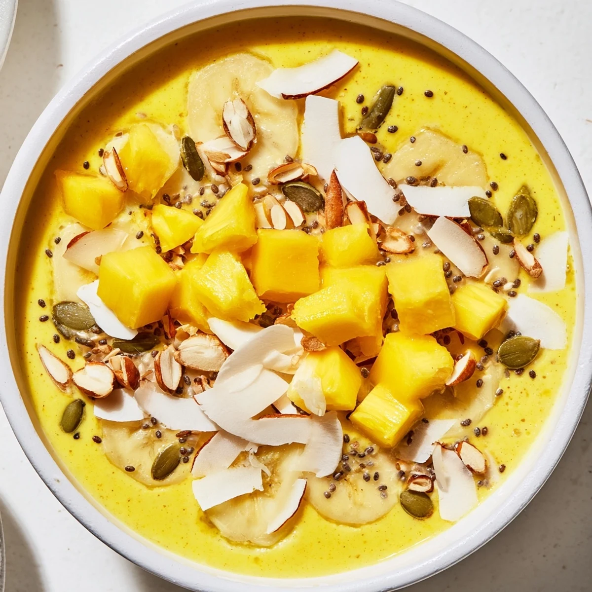 Creamy tropical smoothie bowl featuring mango, pineapple, and coconut milk with a crunchy chia topping