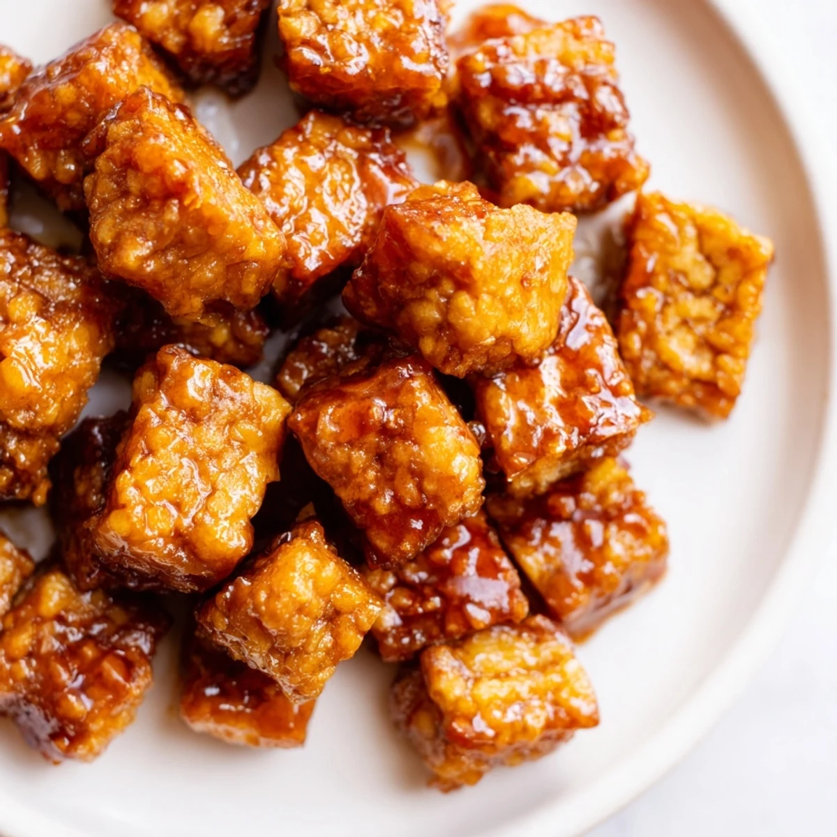 Crispy glazed maple ginger tempeh cubes served over rice with sesame greens and carrots