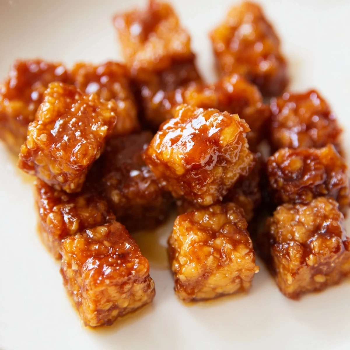 Vegan maple ginger tempeh bowl topped with wilted greens and toasted sesame seeds