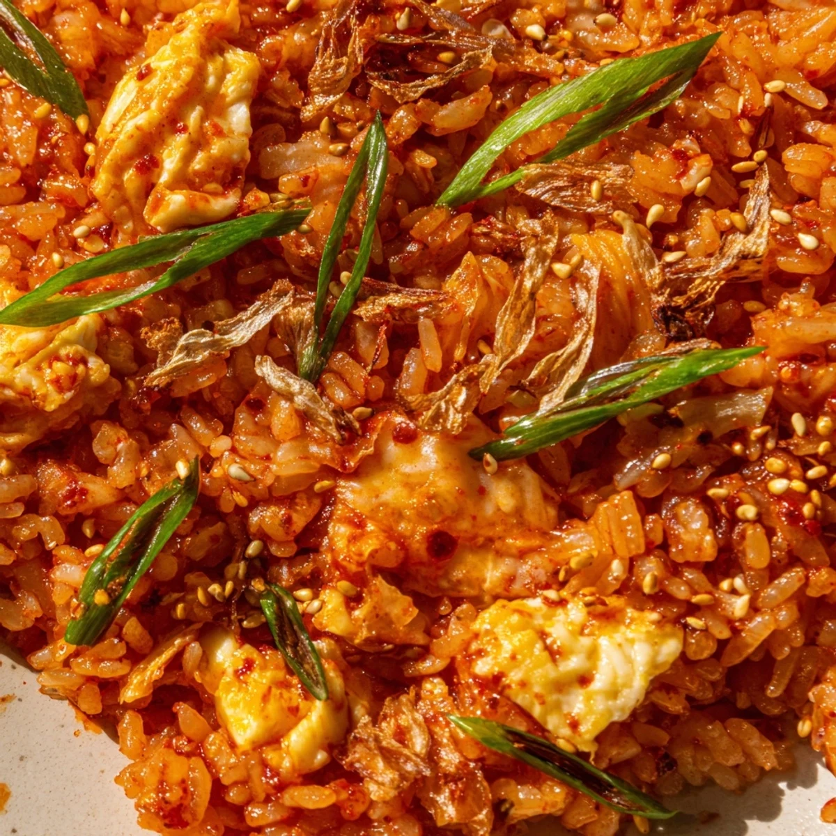 Kimchi Chili Crisp Fried Rice studded with caramelized kimchi and vibrant green scallions in cast iron skillet