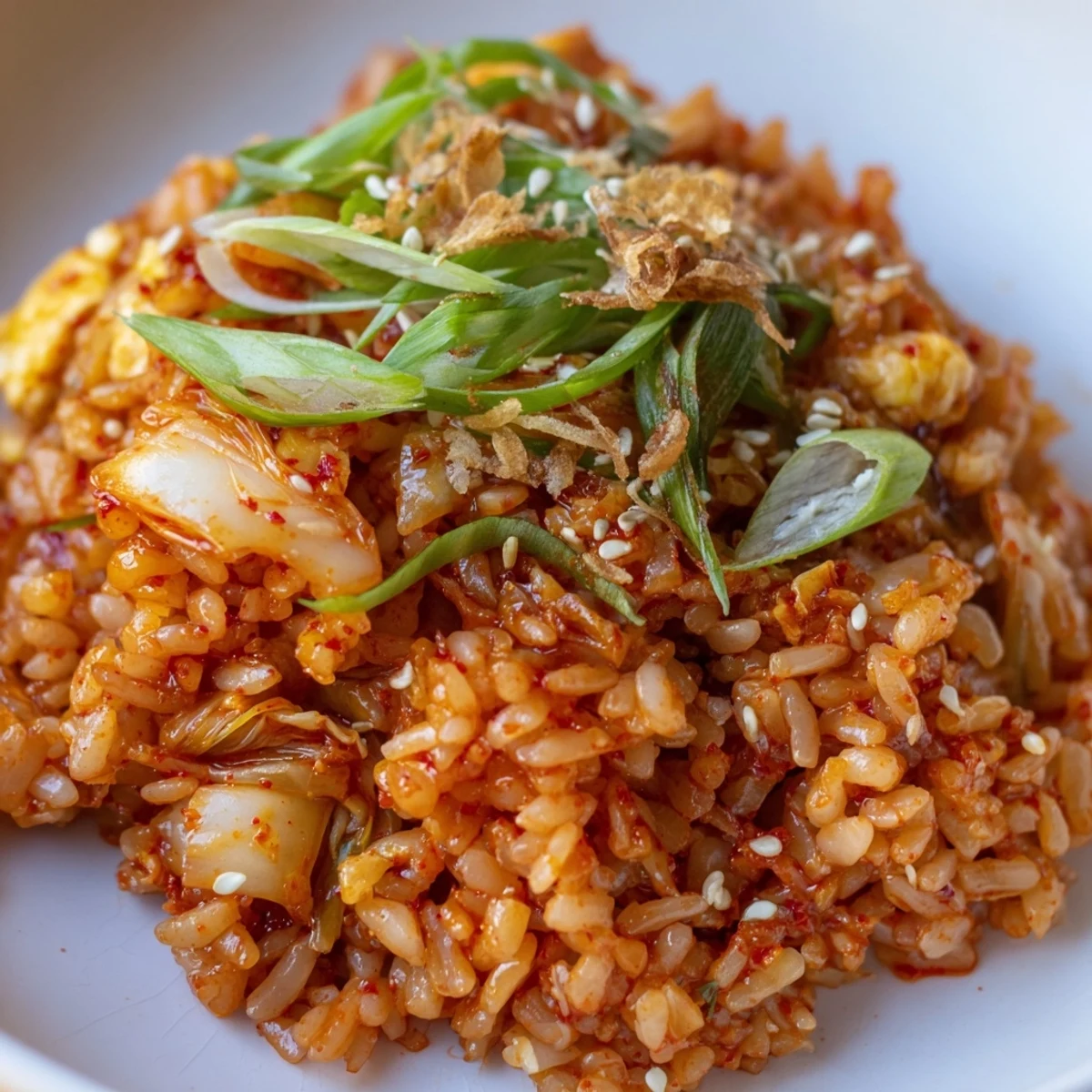 Steam rising from Kimchi Chili Crisp Fried Rice topped with fresh scallion greens and crispy bits