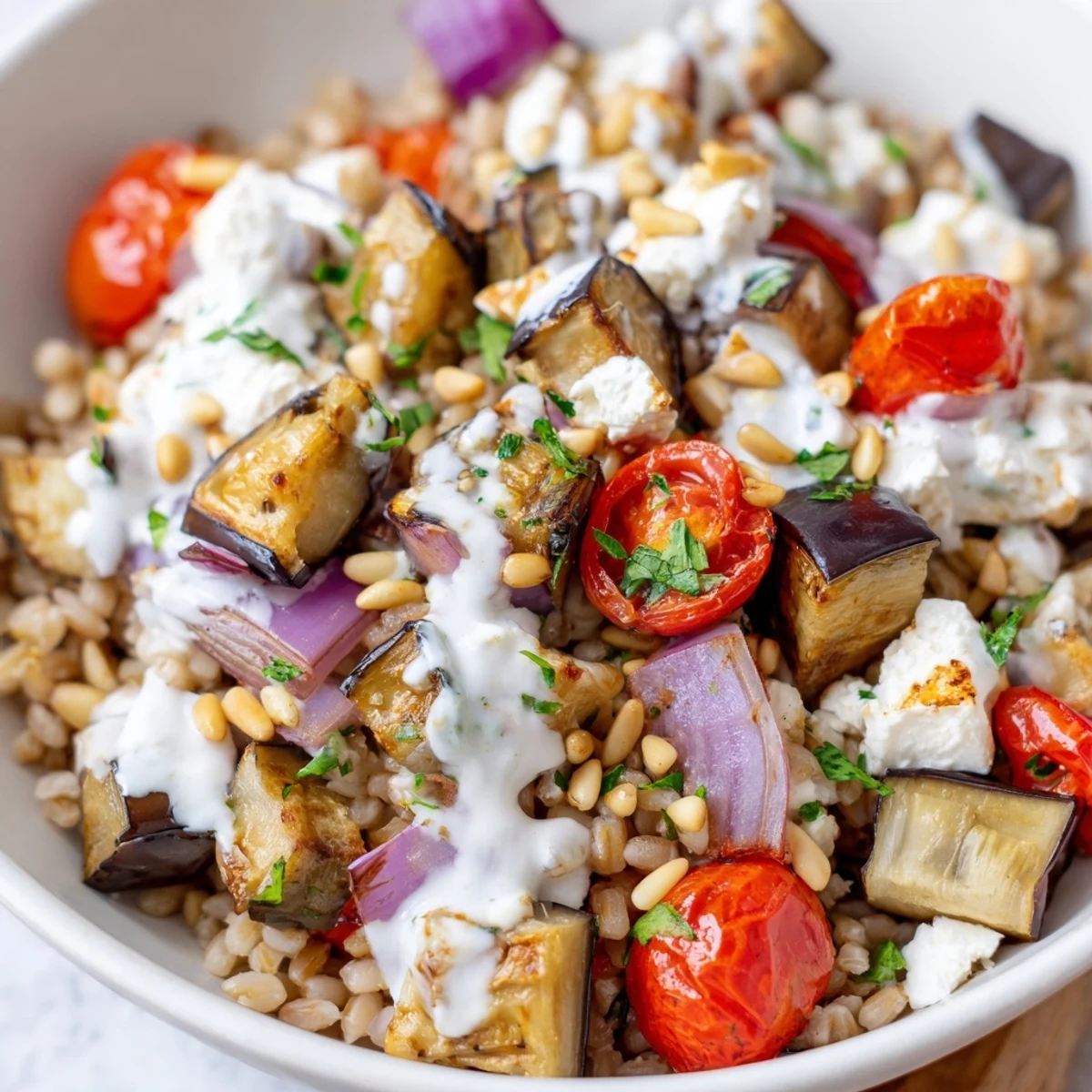 Roasted golden eggplant and colorful vegetables served over nutty farro with tangy Greek yogurt