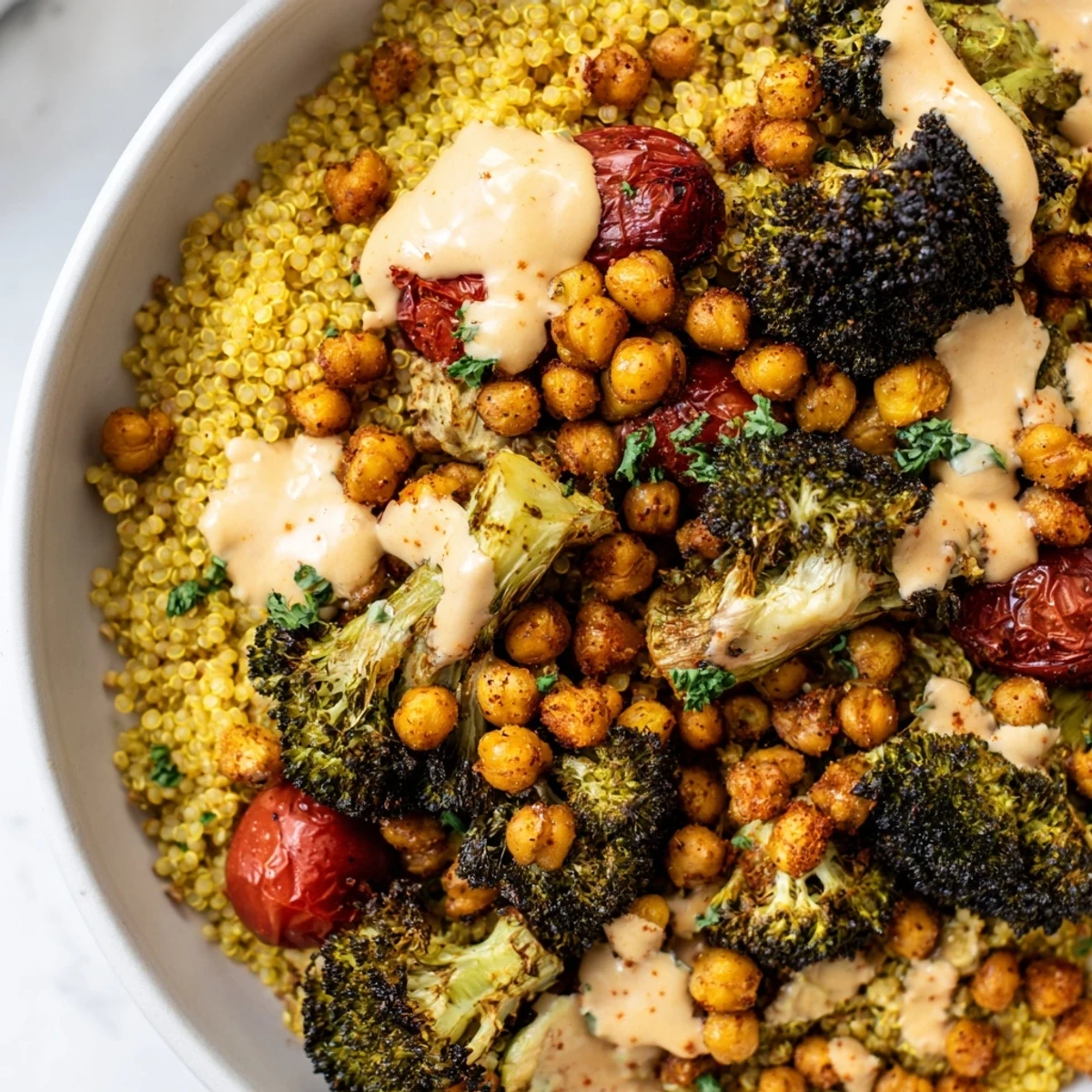 Roasted broccoli lemon quinoa grain bowl drizzled with creamy garlic tahini dressing on white plate