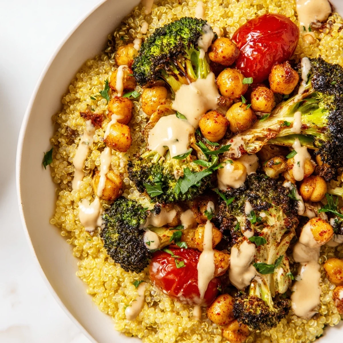 Golden roasted broccoli and fluffy quinoa grain bowl topped with zesty garlic tahini sauce