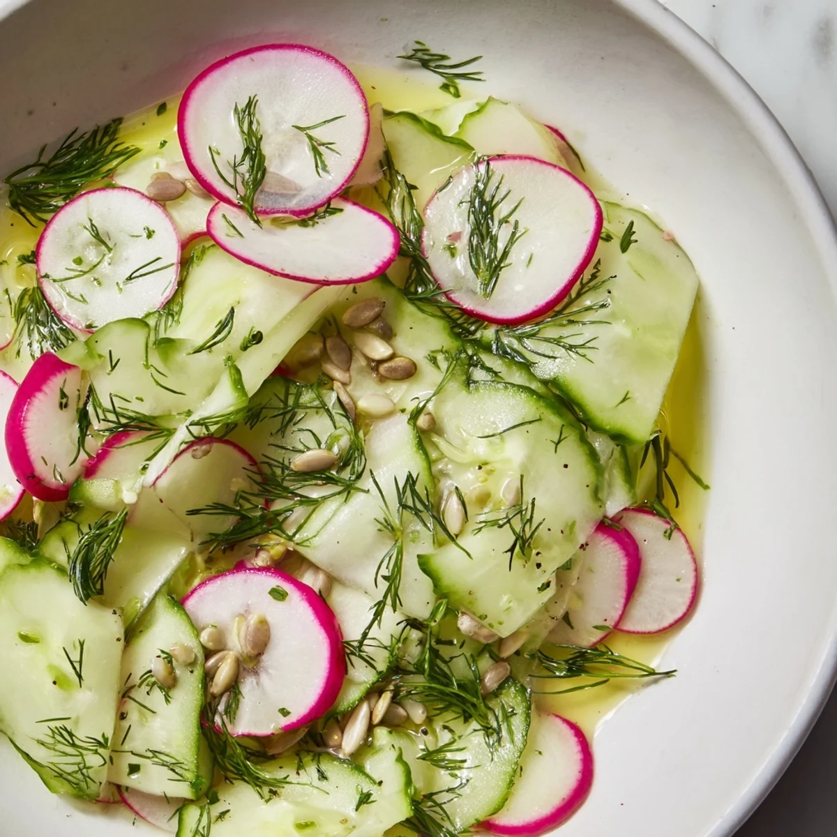 Shaved cucumber radish salad topped with fresh dill and crunchy sunflower seeds in bowl