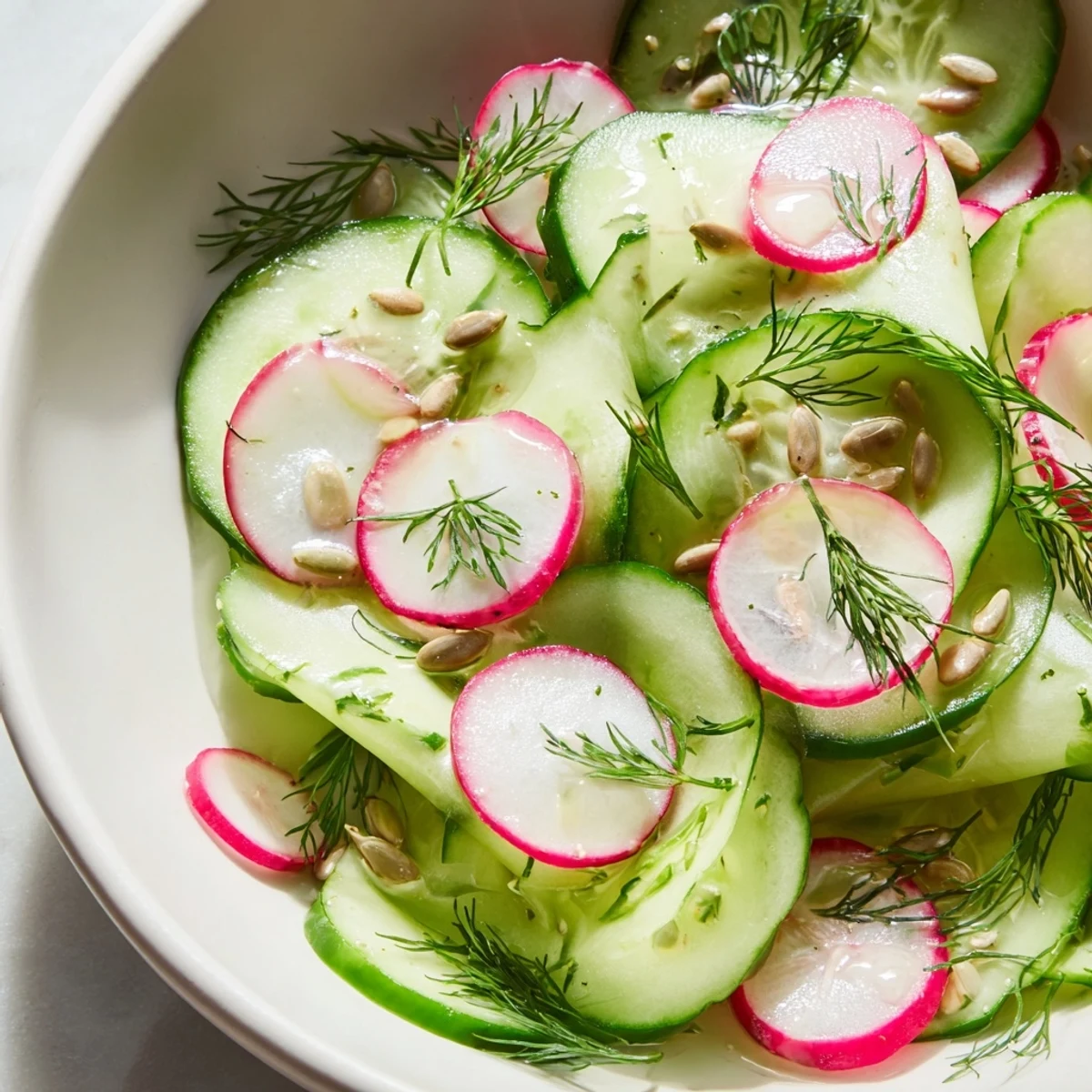 Crisp cucumber radish salad with vibrant green dill and roasted sunflower seeds served fresh