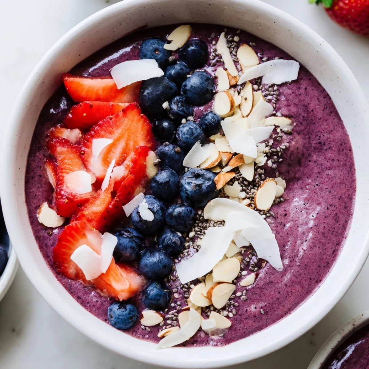 Purple-hued blueberry strawberry almond smoothie bowl topped with fresh berries and shredded coconut