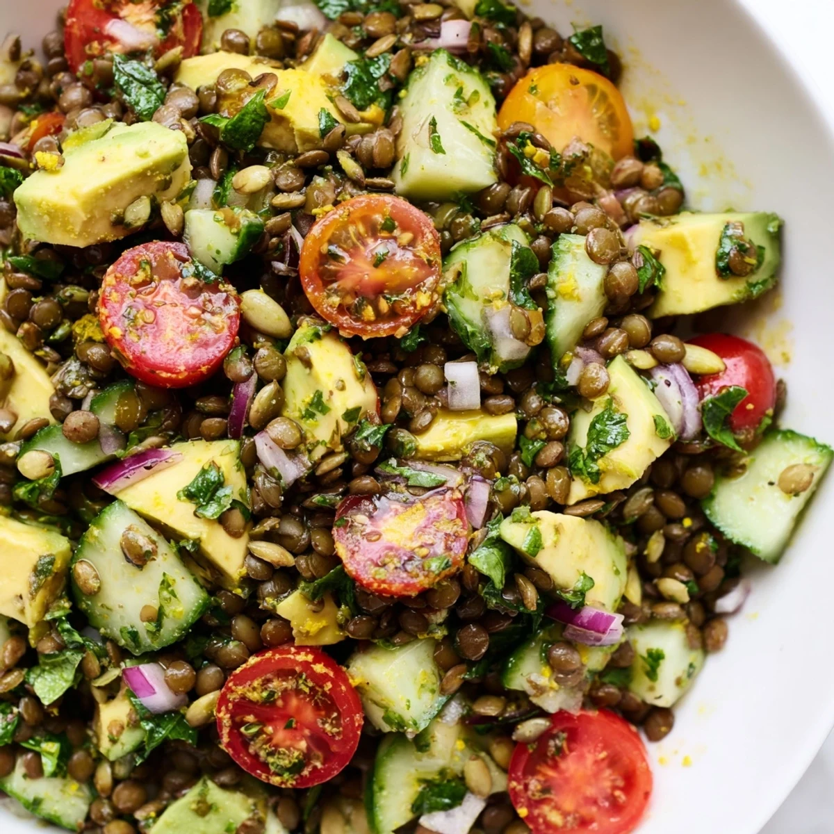 Creamy avocado lemon lentil salad bowl topped with crunchy pumpkin seeds and fresh herbs