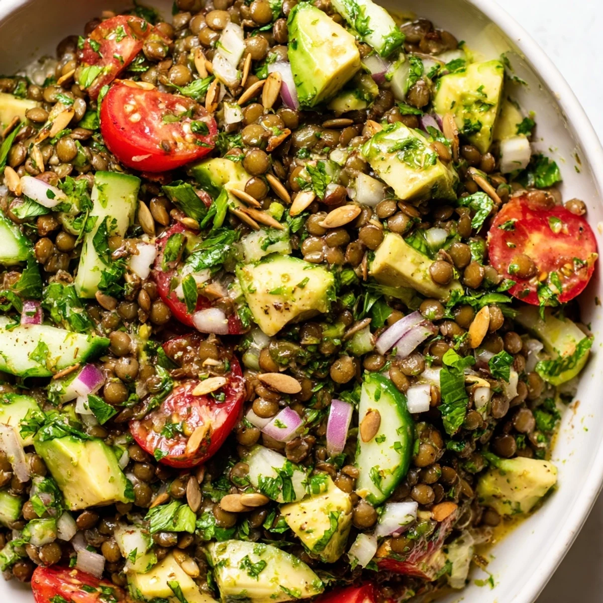 Tender lentils tossed with ripe avocado and zesty lemon dressing in a colorful bowl