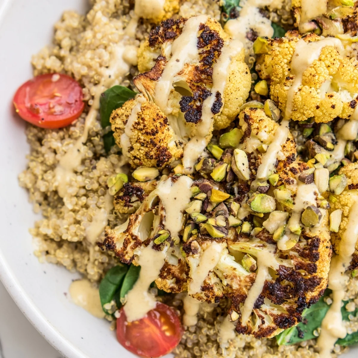 Golden roasted cauliflower pistachio quinoa grain bowl drizzled with creamy tahini dressing