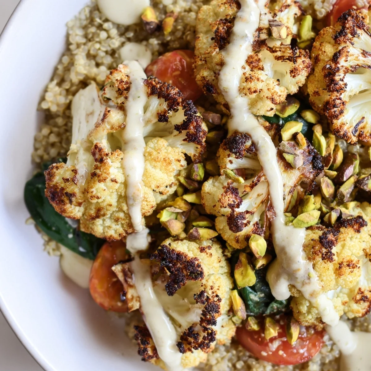 Fluffy quinoa topped with caramelized cauliflower and crunchy pistachios in a vibrant grain bowl